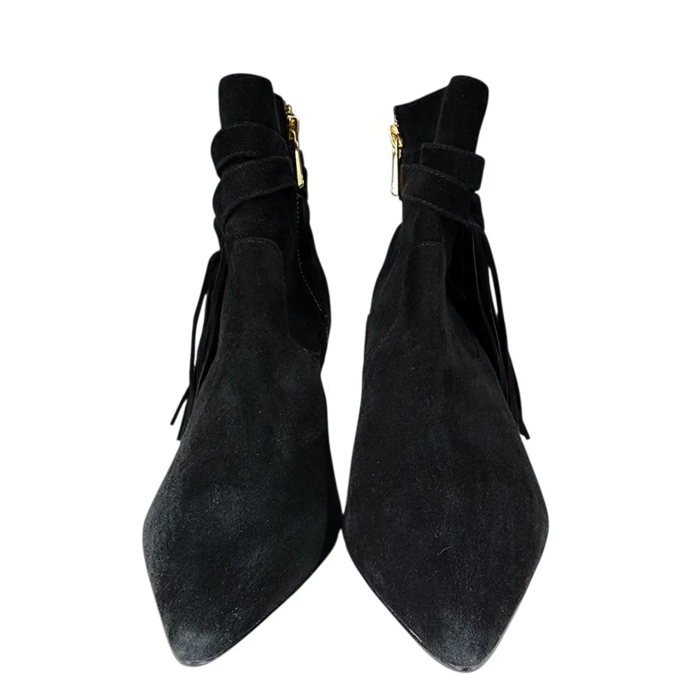 Charles Jourdan Paris Ankle Boots sz 7 Women Black Suede Fringe‎ Pointed Toe
